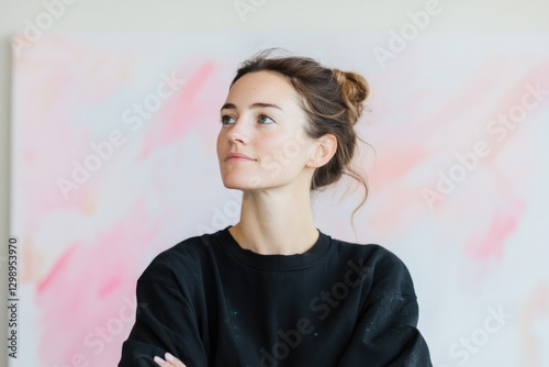 portrait of artist standing in front of massive abstract canvas covered in expressive paint strokes gazing thoughtfully