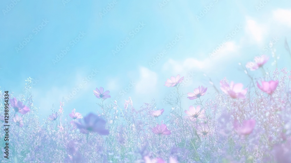 Obraz premium Delicate Cosmos Flowers Blooming in a Dreamy Field Under Bright Sky