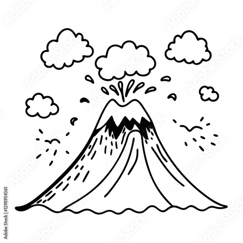 Hand Drawn Volcanic Eruption with Clouds and Lava Outline Vector Illustration