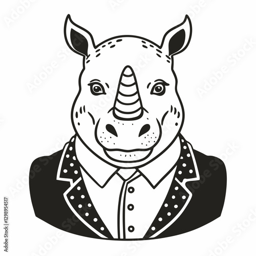 Stylish Rhino in Suit Monochrome Animal Portrait Illustration