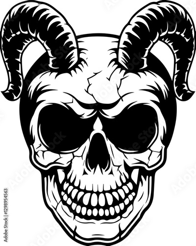 SVG vector features a demonic skull and undead creatures. Black and White Skull Illustration with Ram Horns and Dark Features