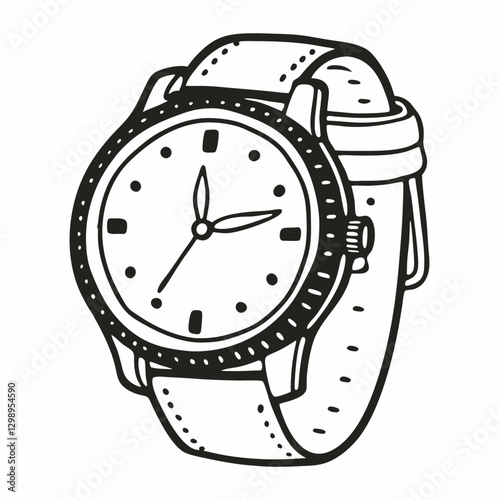 Hand Drawn Vintage Wristwatch Illustration in Black and White Style