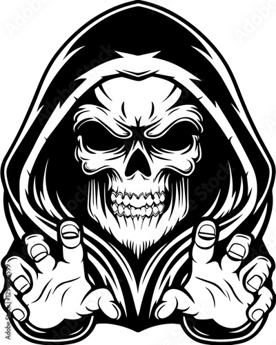 SVG vector features a demonic skull and undead creatures. Dark Skull with Hooded Figure Design for Halloween Artwork