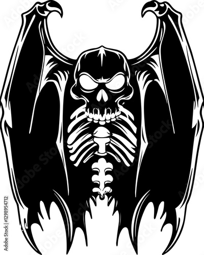 SVG vector features a demonic skull and undead creatures. Skulled Bat Design with Skeleton Elements in Bold Black and White