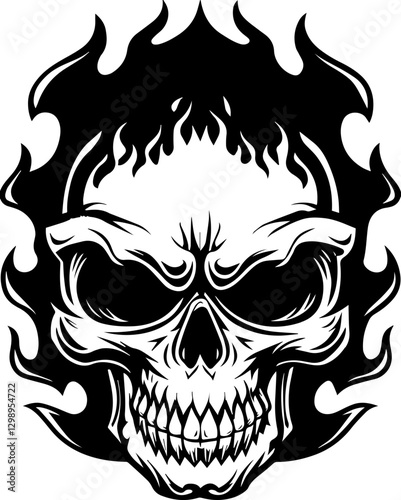 SVG vector features a demonic skull and undead creatures. Black and White Skull with Flames and Detailed Features Design