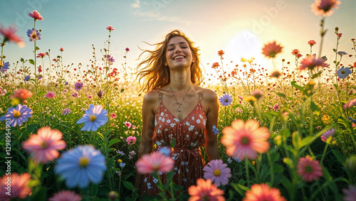 Bellissima ragazza che esprime gioia e felicità in un prato pieno di fiori colorati 