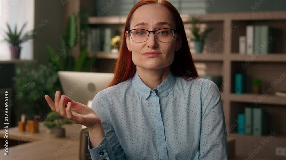 Pensive thoughtful business woman Caucasian girl alone businesswoman employer think plan at office planning thinking female ponder idea choose search consider doubt uncertain no answer shrug shoulders