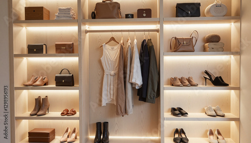  Stylish walk-in closet with clothes, shoes, and accessories. clothing swap event, recycled, natural wool, cotton, zero waste fashion, consignment shop, vintage, flea market, biodegradable fabrics,