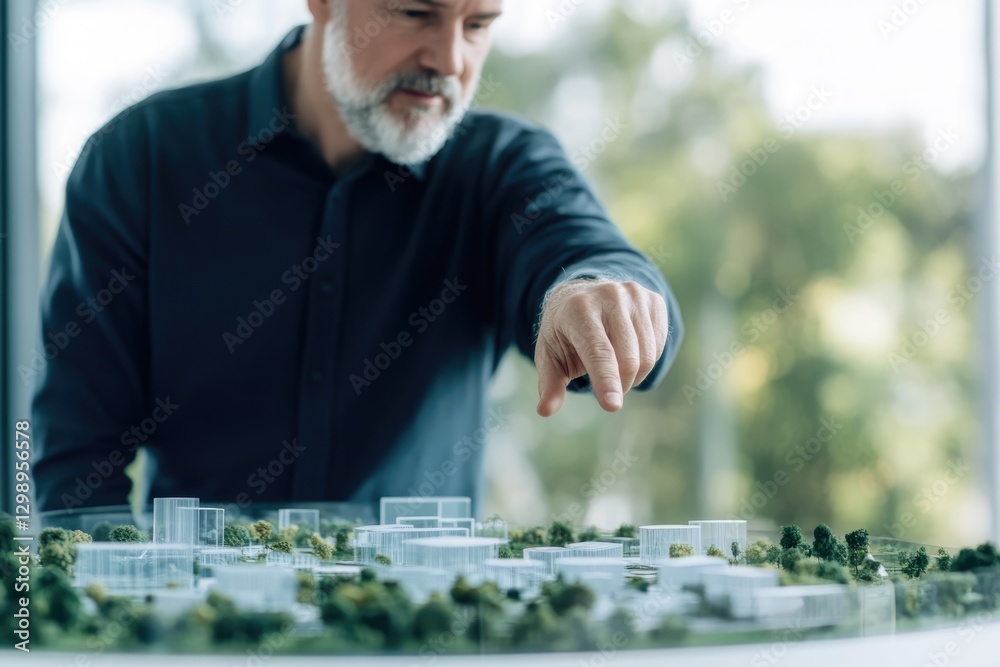 portrait of urban planner standing in front of scale model of green city pointing at areas of innovative design portrait of urban planner standing in front of scale model of green city pointing at areas of innovative design