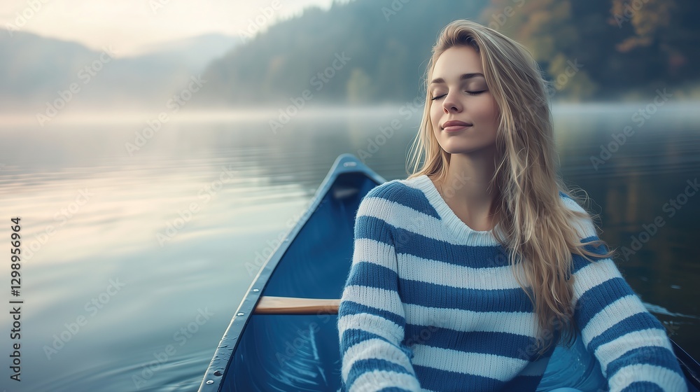 Fototapeta premium Tranquil Young Woman Relaxing in a Canoe on a Misty Lake Surrounded by Mountains