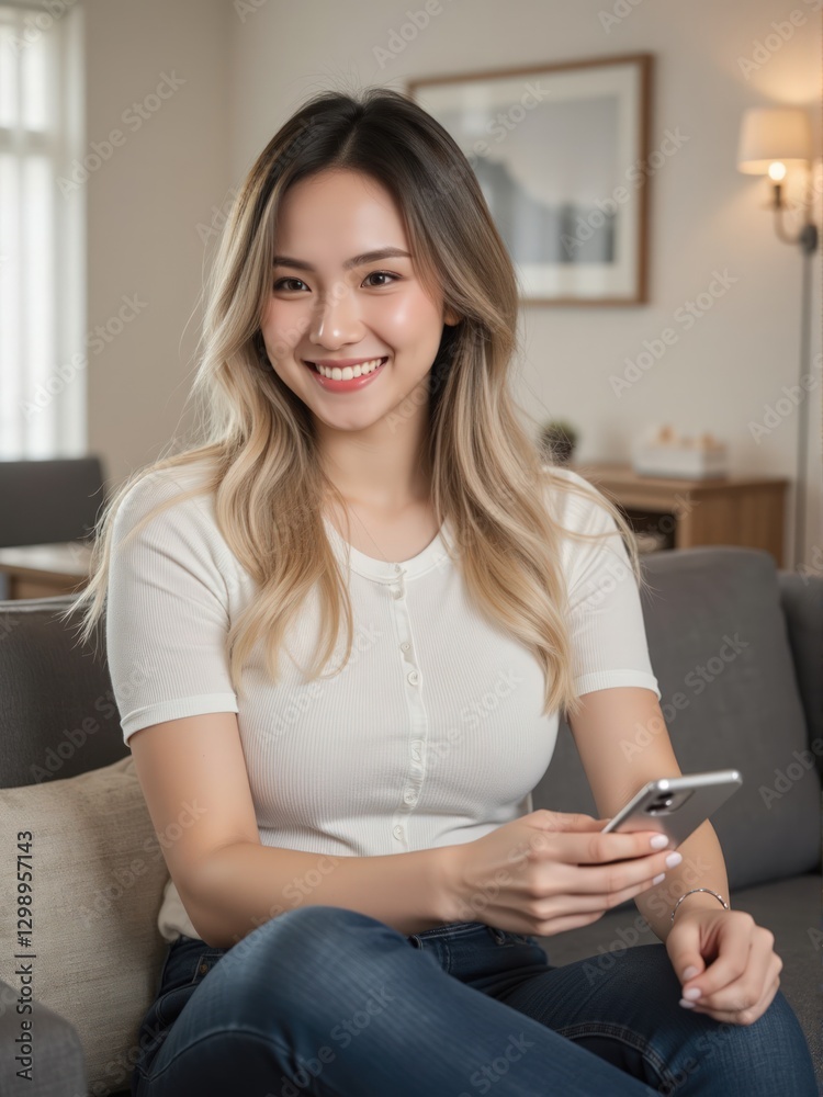happy woman sitting on a comfortable couch at home, smiling while using her cellphone, enjoying a quiet and relaxing moment. happy woman sitting on a comfortable couch at home, smiling while using her cellphone, enjoying a quiet and relaxing moment.