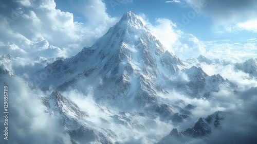Majestic snow-capped peak piercing through clouds, showcasing its grandeur and serene beauty.