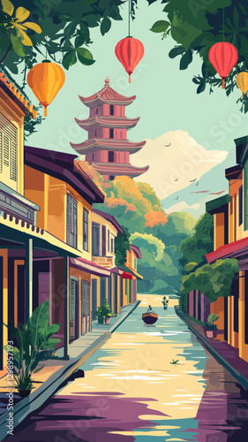 Retro Vietnam Travel Poster: Vintage Asian Cityscape with Pagoda and Canal Scene