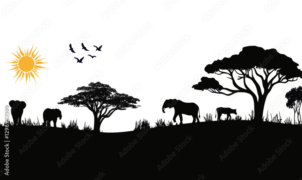 Fototapeta premium Wildlife Silhouette Safari Panorama: African Landscape with Animals, Trees, Sun