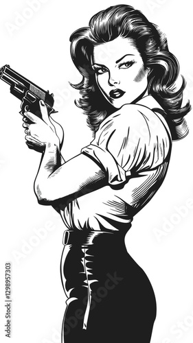 Retro Noir Woman with Gun in Vintage Comic Style Vector Illustration