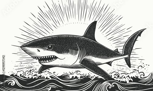Fierce Shark Emerging from Ocean Waves with Sun Rays - Bold Engraving Vector Art