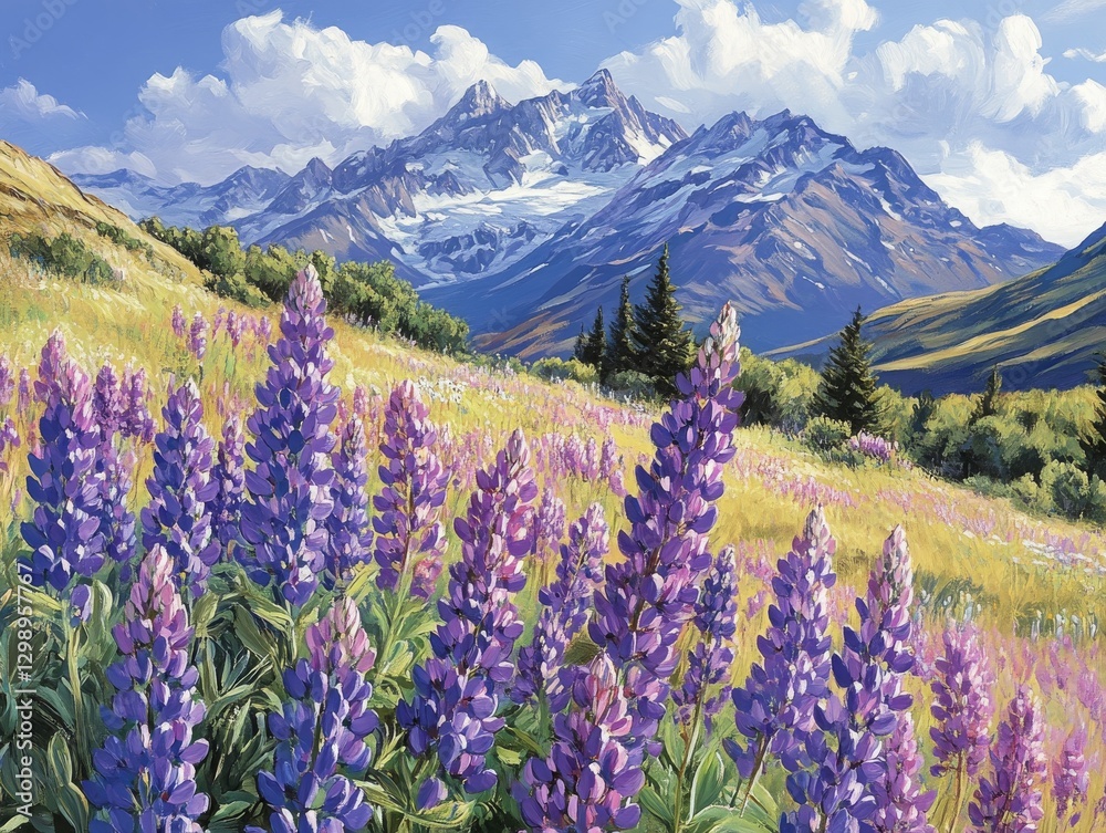 Obraz premium Ramadan Reflection: A Serene Landscape of Lupines and Majestic Mountains, Inviting Contemplation and Spiritual Renewal Under a Clear Sky