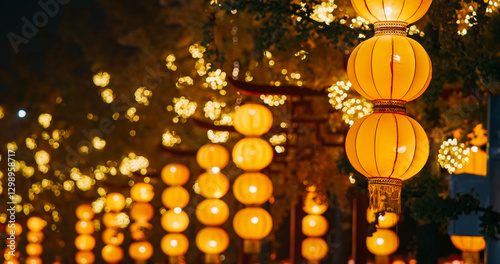Obraz na płótnie Beijing, China. Orange Yellow Paper Lanterns On Zigong Lantern Festival In Beijing. Lantern Festival In Beijing Garden Expo Park. National Intangible Cultural Heritage Of China. Asian Culture. Paper w salonie