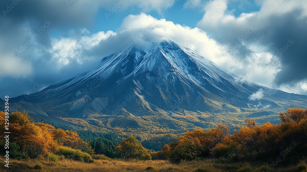 Fototapeta premium Majestic snow-capped mountain peak with autumn foliage in foreground under dramatic sky.