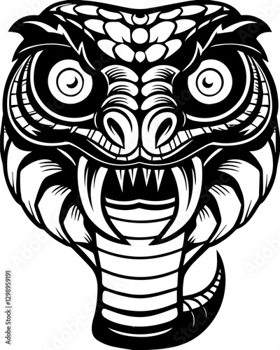Dark fantasy mythological demons and beasts,crafted in SVG vector format. Fierce Black and White Cobra Head Illustration with Intense Features