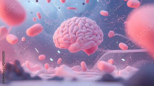A surreal depiction of a brain surrounded by pink cells, set in a vibrant, abstract environment.