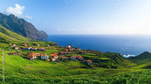 Coastal village nestled in green hills, overlooking ocean