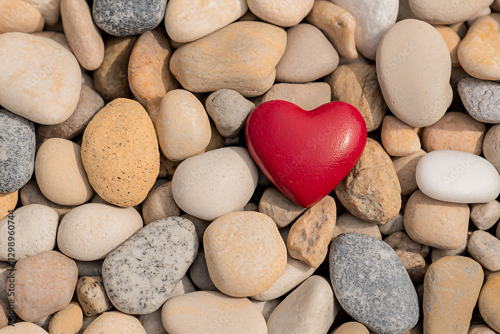 Red Heart Among Stones: A vibrant heart rests among smooth, neutral-toned pebbles, creating a stark contrast of color and form. Symbolizing love and resilience. Red Heart Among Stones: A vibrant heart rests among smooth, neutral-toned pebbles, creating a stark contrast of color and form. Symbolizing love and resilience.