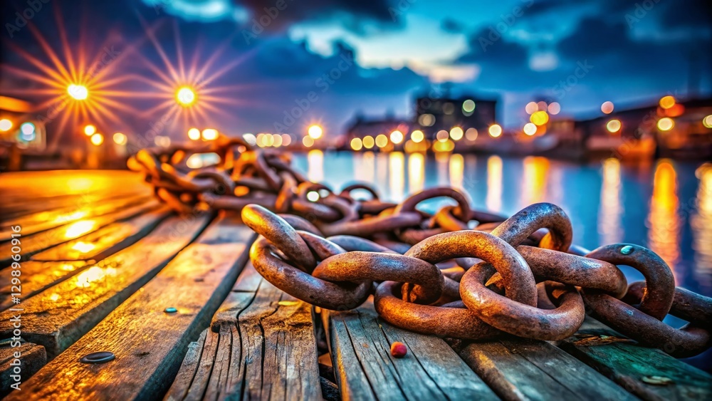Naklejka premium Rusty Shackles & Chain at Harbor - Bokeh Background Stock Photo
