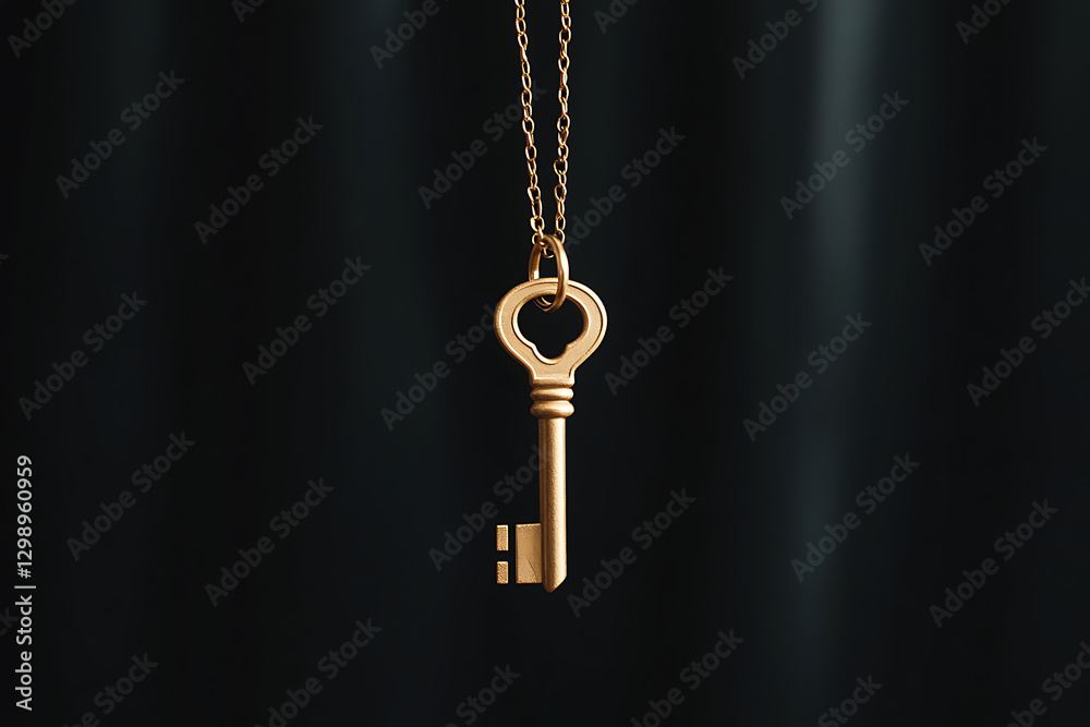 A golden key dangles from a fine chain, suspended against a dark backdrop, exuding mystery and hidden access. The key's design is vintage and classic. A golden key dangles from a fine chain, suspended against a dark backdrop, exuding mystery and hidden access. The key's design is vintage and classic.