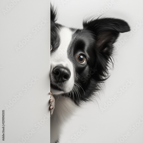 Border collie dog  curiously peeking from behind a white wall