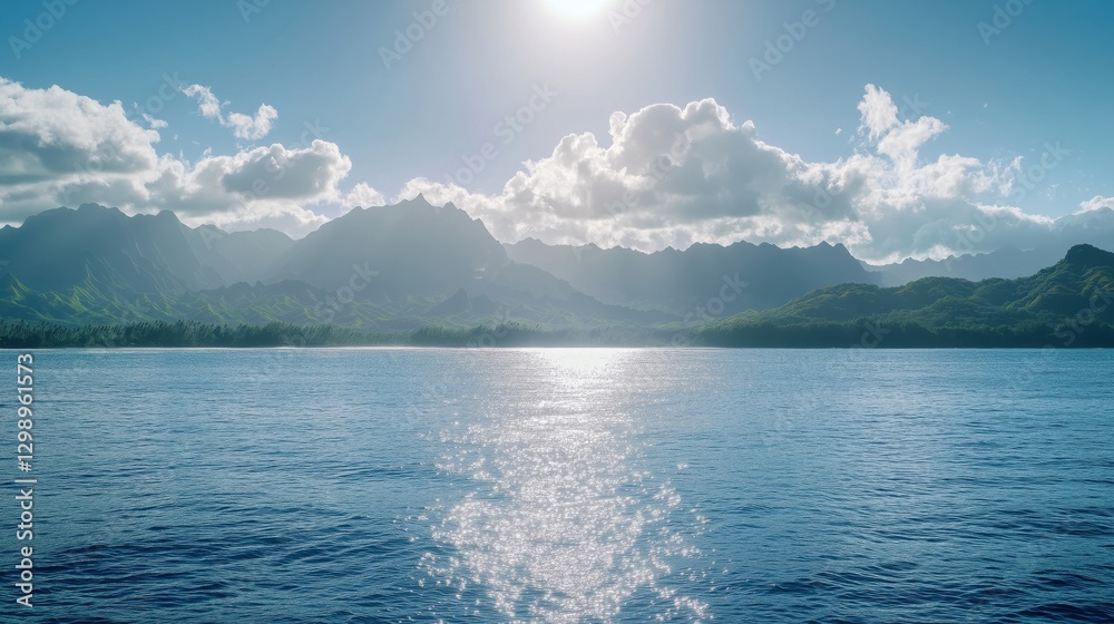 A tranquil ocean scene featuring mountains and a bright sun reflecting on the water. A tranquil ocean scene featuring mountains and a bright sun reflecting on the water.