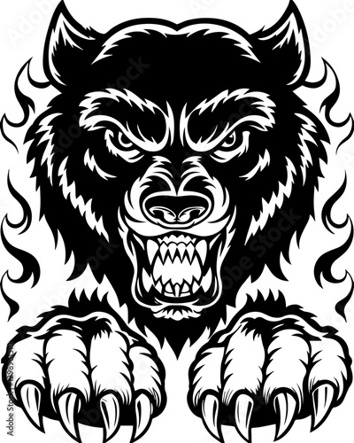 Western demons and hellish creatures in SVG vector format. Fierce Illustrative Wolf Head with Claws and Fiery Elements