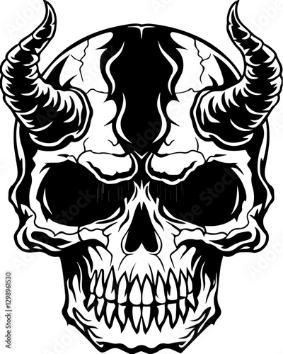 Western demons and hellish creatures in SVG vector format. Dark Skull with Horns and Cracked Surface for Artistic Use