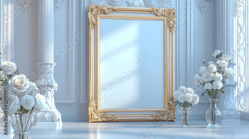 A large, gold photo frame is hanging on the wall of an elegant room with tall columns and arches
