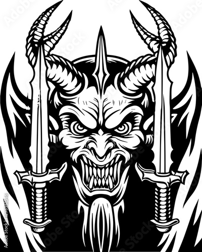 Western demons and hellish creatures in SVG vector format. Fierce Demon Face with Dual Swords and Spiky Horns Illustration