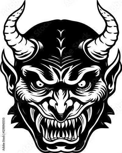 Western demons and hellish creatures in SVG vector format. Fierce Demon Illustration with Horns and Intense Expression