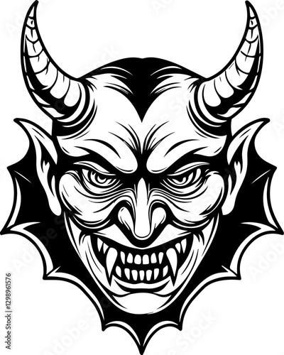 Western demons and hellish creatures in SVG vector format. Detailed Gothic Demon Face Illustration with Horns and Fangs