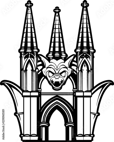 Western demons and hellish creatures in SVG vector format. Gothic Architectural Design with Three Spires and Decorative Gargoyle