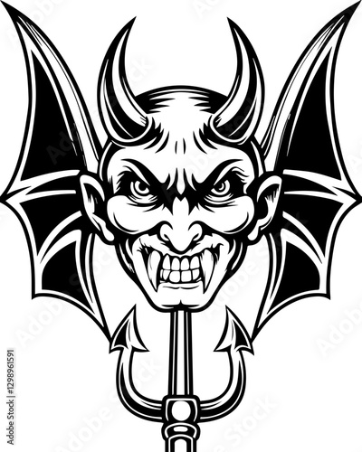 Western demons and hellish creatures in SVG vector format. Fierce Demon Head with Horns and Bat Wings in Black and White