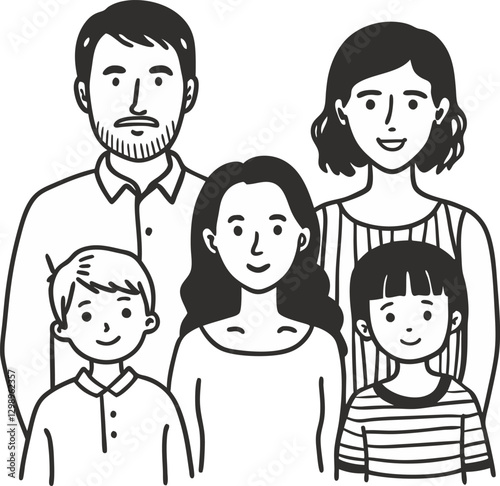 Happy Family Portrait in Hand Drawn Black and White Illustration Style