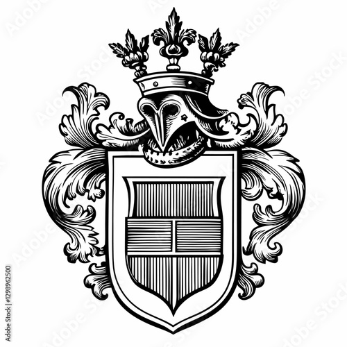 Heraldic Crest with Knight Helmet and Shield, Vintage Emblem, Medieval Symbol, Black and White Illustration
