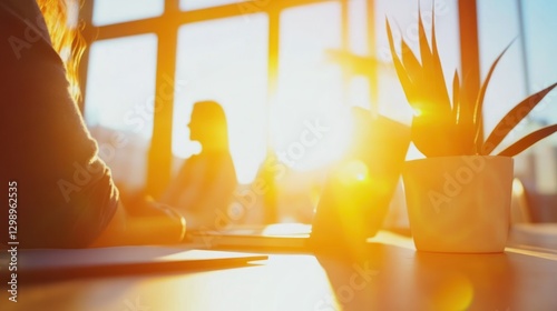Golden Hour Productivity, Remote Work and Laptop in Radiant Sunlight