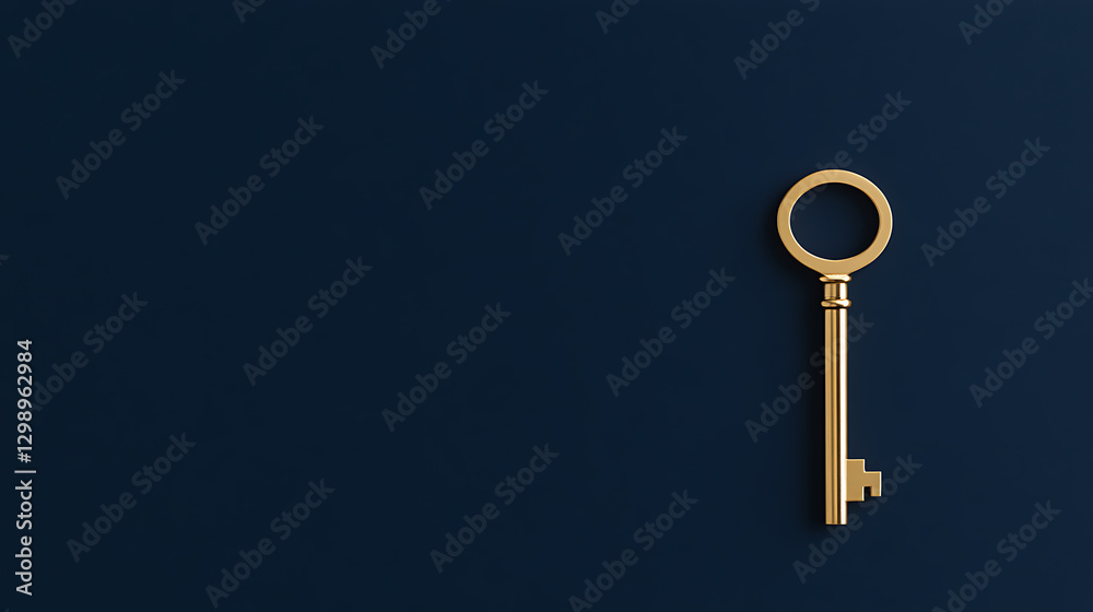 A gleaming golden key rests against a deep blue backdrop, symbolizing opportunity and access. Minimalist composition with elegant simplicity. A gleaming golden key rests against a deep blue backdrop, symbolizing opportunity and access. Minimalist composition with elegant simplicity.