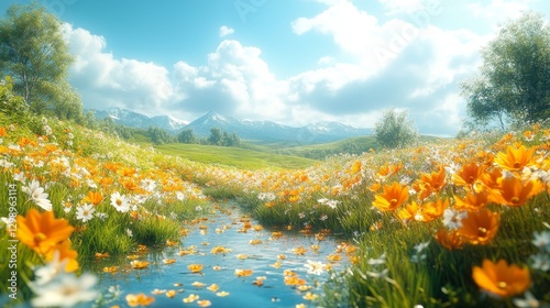 Sunny meadow with stream, wildflowers, and mountains in background.