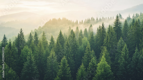 A serene landscape of lush green coniferous trees under soft morning light, enveloped in mist and surrounded by distant hills.