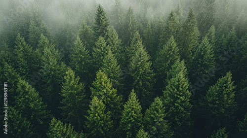 Lush green coniferous trees cover a misty forest landscape, creating a serene and tranquil atmosphere.