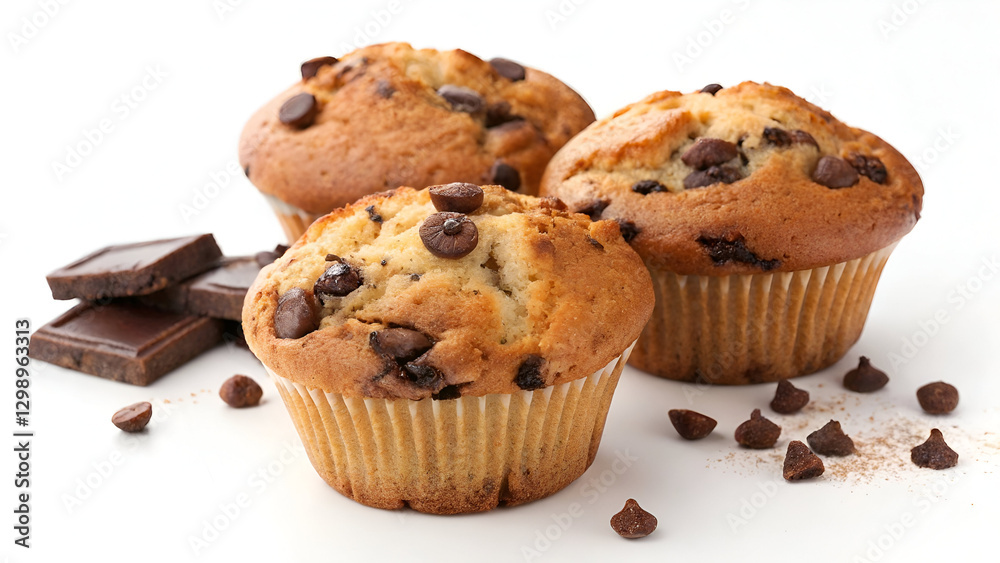 Freshly baked chocolate chip muffins with a golden-brown crust, isolated on a white background with space for text. Freshly baked chocolate chip muffins with a golden-brown crust, isolated on a white background with space for text.
