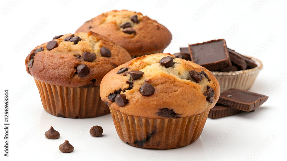Freshly baked chocolate chip muffins with a golden-brown crust, isolated on a white background with space for text. Freshly baked chocolate chip muffins with a golden-brown crust, isolated on a white background with space for text.