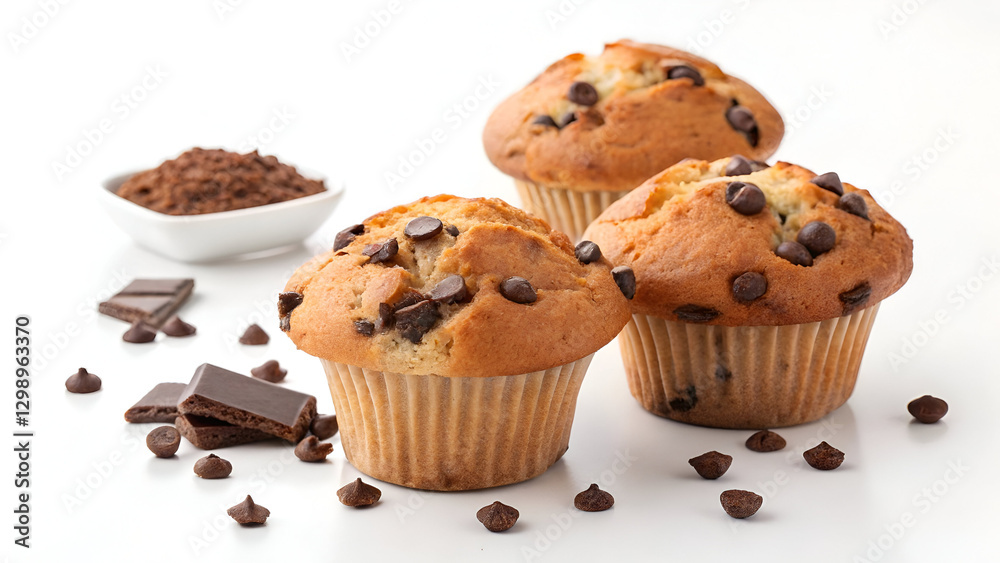 Freshly baked chocolate chip muffins with a golden-brown crust, isolated on a white background with space for text. Freshly baked chocolate chip muffins with a golden-brown crust, isolated on a white background with space for text.
