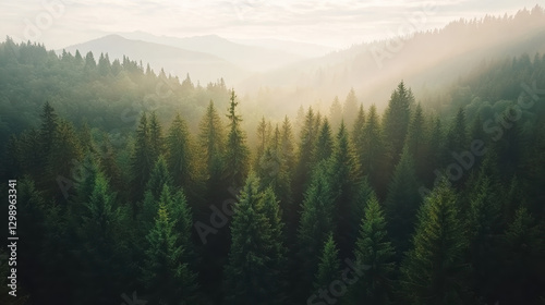 A serene landscape featuring dense green forests illuminated by soft sunlight, with mountains in the background and a misty atmosphere.